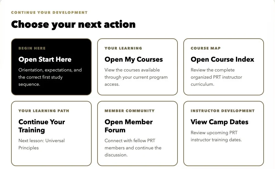 PRT dashboard with orientation, courses, learning path, member forum, and camp dates